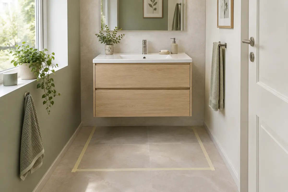 Meuble sous lavabo compact dans une petite salle de bain, avec passage visible devant la vasque