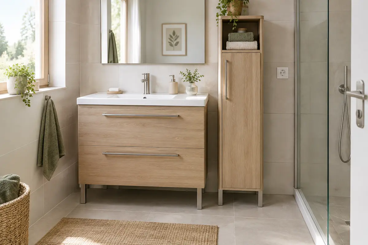 Meuble sous lavabo complété par un rangement latéral étroit, avec un passage libre devant les portes