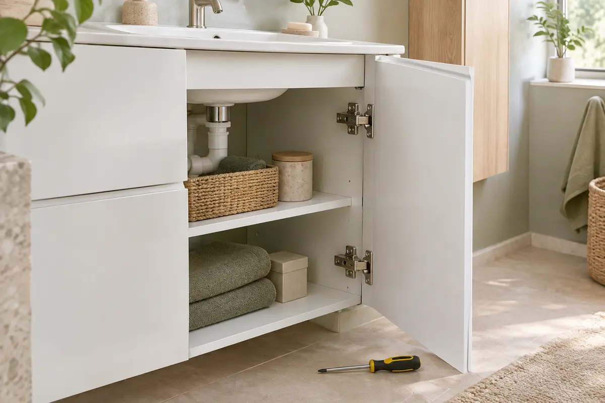 Charnière réglable visible sur la porte entrouverte d’un meuble sous lavabo
