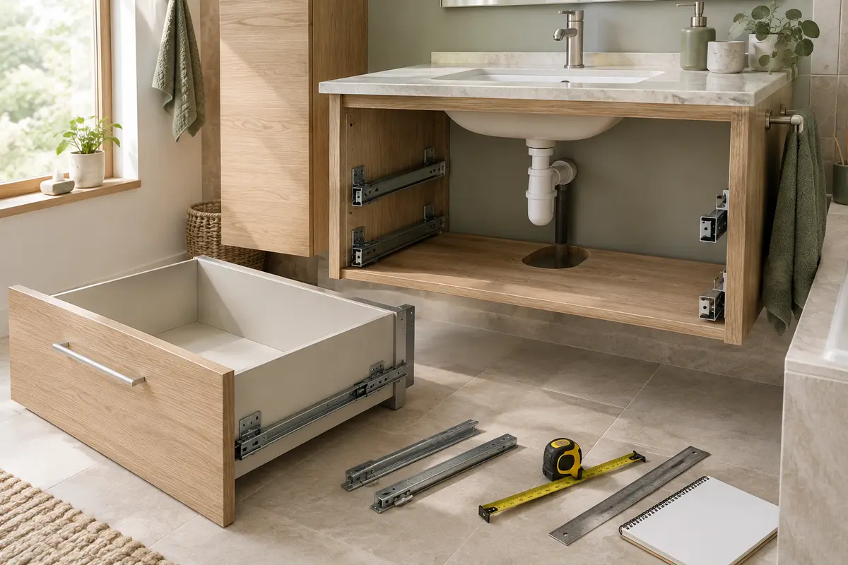 Tiroir de meuble sous lavabo démonté avec coulisses et outils de mesure pour vérifier la compatibilité