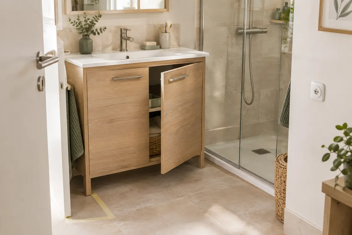 Meuble sous lavabo à porte entrouverte près d’une paroi de douche dans une salle de bain étroite