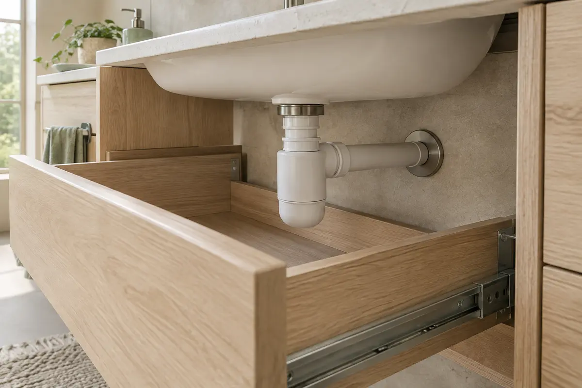 Siphon compact raccordé au mur sous un lavabo, derrière le tiroir ouvert d’un meuble de salle de bain