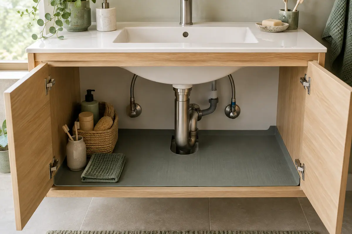 Tapis posé au fond d’un meuble sous lavabo, avec le siphon et les raccords laissés visibles.