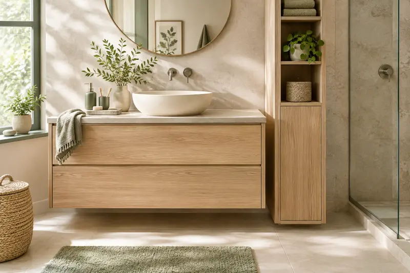 Rangement sous vasque en chêne clair avec espace dégagé autour du siphon, dans une salle de bain lumineuse.